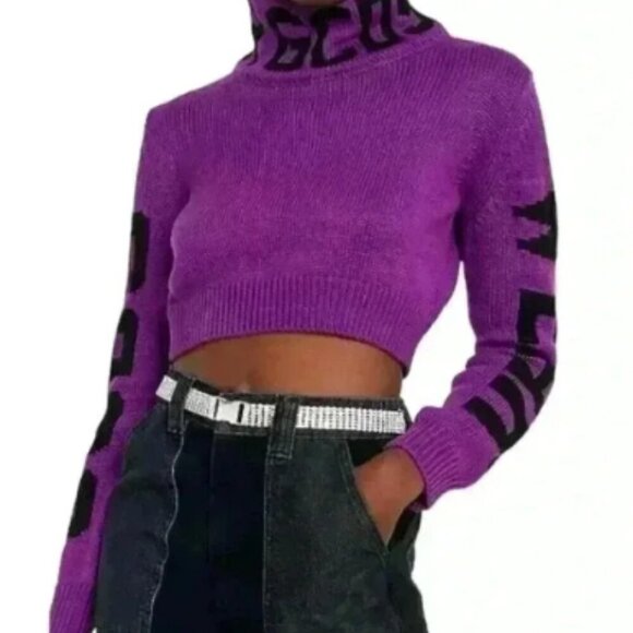 GCDS WEAR Cropped Purple Knit Turtleneck Logo Sweater Made in Italy Size Small - Picture 1 of 7